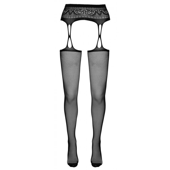 Seamless black lace suspender belt and sewn-on black net stockings with a seam and a lace pattern at the back! Material: 90% polyamide, 10% elastane.