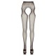 Tights made out of delicate, stretchy net with an elastic waistband. There are cut-outs at either side and the tights are crotchless. There is a subtle pattern around the openings. Black. 90% polyamide, 10% elastane.