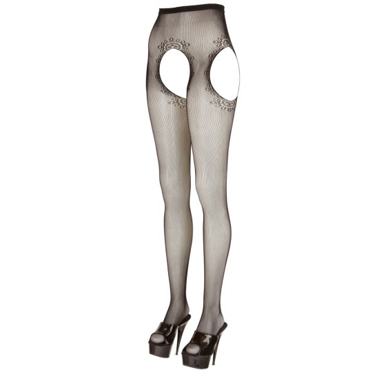 Tights made out of delicate, stretchy net with an elastic waistband. There are cut-outs at either side and the tights are crotchless. There is a subtle pattern around the openings. Black. 90% polyamide, 10% elastane.