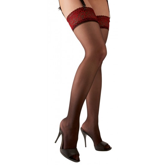 Black stockings with dark red lace top. With clips. 90% polyamide, 10% elastane.