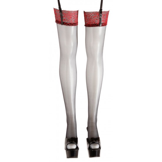 Black stockings with dark red lace top. With clips. 90% polyamide, 10% elastane.