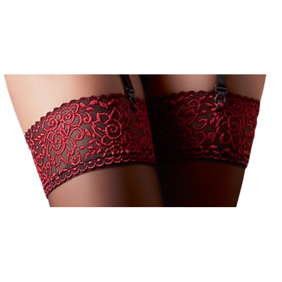 Black stockings with dark red lace top. With clips. 90% polyamide, 10% elastane.