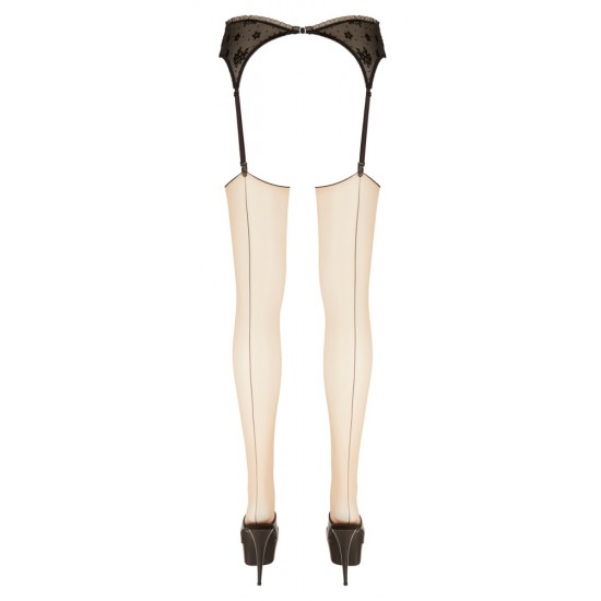 Skin-coloured stockings with a black border at the top and black seam at the back. The stockings should be attached to suspender straps. 84% polyamide, 16% elastane.