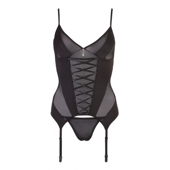 Basque and string thong made of transparent black power net fabric. The basque features slightly transparent inserts, a frontal decorative lacing and rhinestone details. Hooks in the back. Adjustable straps. Basque: 80%