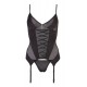Basque and string thong made of transparent black power net fabric. The basque features slightly transparent inserts, a frontal decorative lacing and rhinestone details. Hooks in the back. Adjustable straps. Basque: 80%