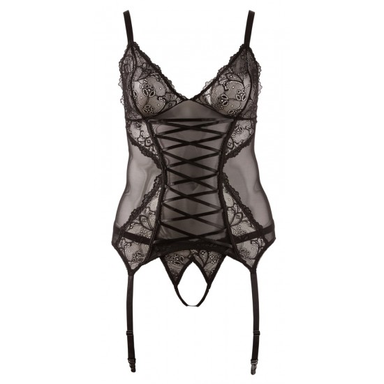 Set of basque and string overt. Basque made of powernet and lace. Straps and suspender straps adjustable, with hook-closure in the back. With matching black lace-string, crotchless. 90% polyamide, 10% elastane. Without s