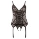 Set of basque and string overt. Basque made of powernet and lace. Straps and suspender straps adjustable, with hook-closure in the back. With matching black lace-string, crotchless. 90% polyamide, 10% elastane. Without s