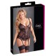 Set of basque and string overt. Basque made of powernet and lace. Straps and suspender straps adjustable, with hook-closure in the back. With matching black lace-string, crotchless. 90% polyamide, 10% elastane. Without s