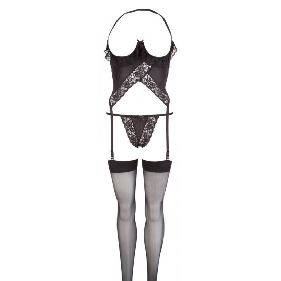Corpete aberto e tanga S/M Corpete aberto com tanga. Meias pretas incluído. Composição-100% de poliamida.