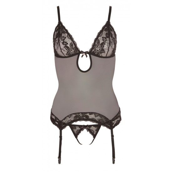 Set made up of a basque and string. Powernet basque with lace cups, lace on the hem and a small bow and pendant between the cups. The bra and four suspender straps are adjustable. The matching string is made out of lace