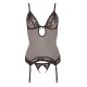 Set made up of a basque and string. Powernet basque with lace cups, lace on the hem and a small bow and pendant between the cups. The bra and four suspender straps are adjustable. The matching string is made out of lace