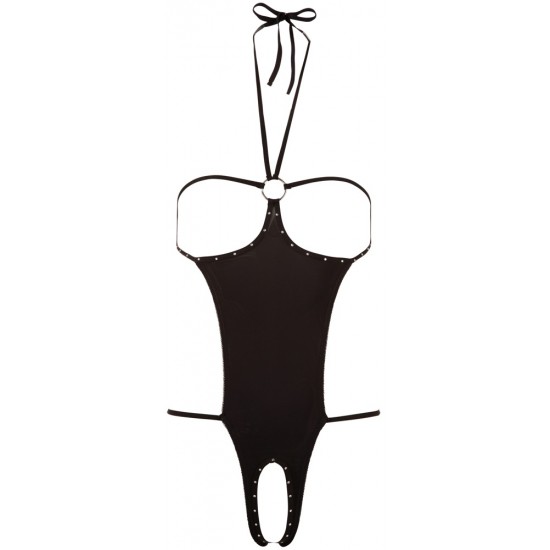 Subtle come-on styling!Sexy one-piece with halterneck to tie. Open cups and open crotch adorned with rhinestones. On the back only strings. Black. 85% polyamide, 15% elastane.