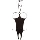 Subtle come-on styling!Sexy one-piece with halterneck to tie. Open cups and open crotch adorned with rhinestones. On the back only strings. Black. 85% polyamide, 15% elastane.
