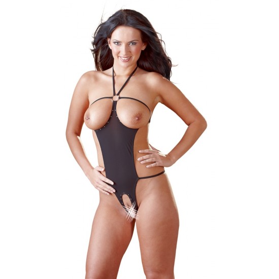 Subtle come-on styling!Sexy one-piece with halterneck to tie. Open cups and open crotch adorned with rhinestones. On the back only strings. Black. 85% polyamide, 15% elastane.