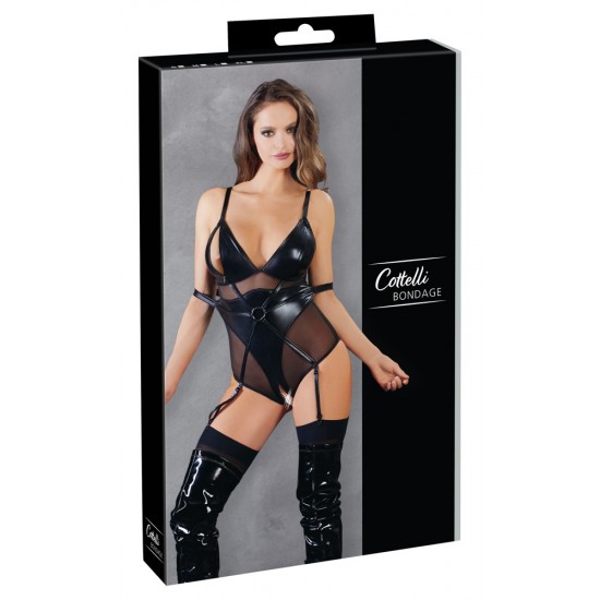 Uma combinação sofisticada de aparência molhada brilhante e powernet transparente!Este corpo de bondage preto tem um anel no meio, pequenos zíperes sobre as xícaras e um convidativo zíper de 2 vias que passa sobre a viri
