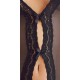 Crotchless powernet body with a slit that goes all the way down the body. There is also lace all the way down the body as well and small bows hold the slit together. With a decorative pendent above the crotch. With adjus