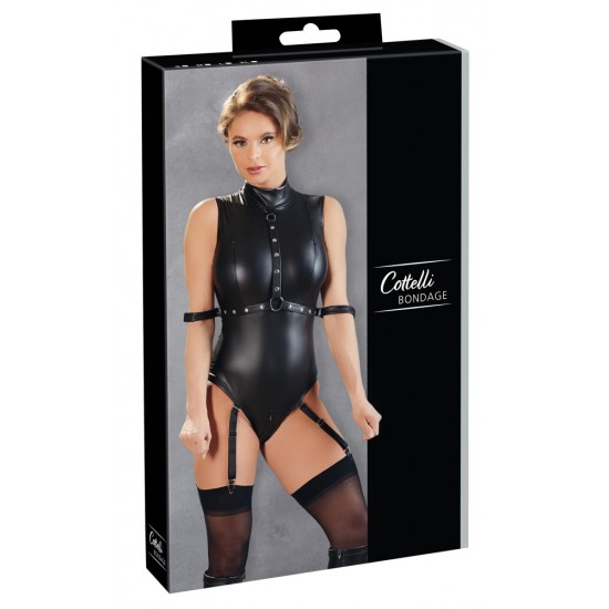 Body Suspenders Preto S Body em preto fosco com detalhes em metal e alças suspensas.Com fecho nos seios, tachas na frente, presilhas para os braços com ganchos em cada lado do corpo e fecho nas costas. Há um fecho de 2 vias sobre a área da viri