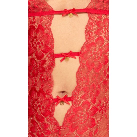 Corpo suspensório em estilo exclusivoFeito inteiramente de delicada renda vermelhaDetalhes douradosDecote extra profundo com pontesCom pedras brilhantes e laçosDe volta com um look de duas peçasFecho de gancho nas costas