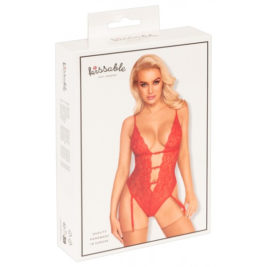 Corpo suspensório em estilo exclusivoFeito inteiramente de delicada renda vermelhaDetalhes douradosDecote extra profundo com pontesCom pedras brilhantes e laçosDe volta com um look de duas peçasFecho de gancho nas costas