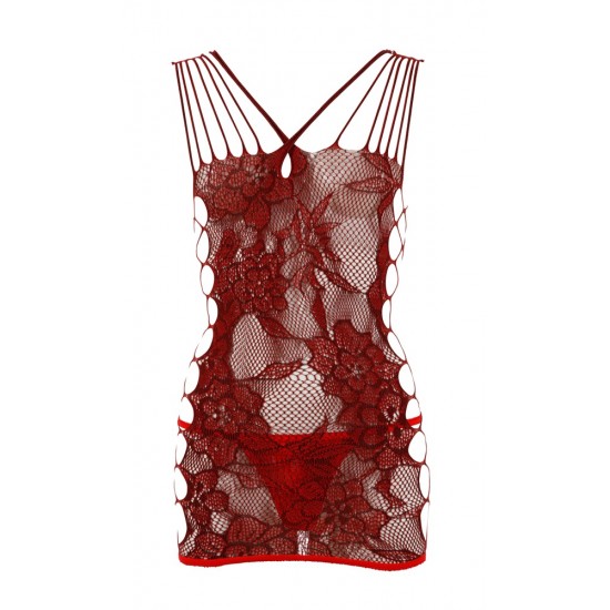 Seamless net dress with numerous elastic straps, holes at the sides and a lace pattern. Red. Includes a red lace string. 90% polyamide, 10% elastane.