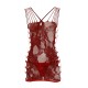 Seamless net dress with numerous elastic straps, holes at the sides and a lace pattern. Red. Includes a red lace string. 90% polyamide, 10% elastane.