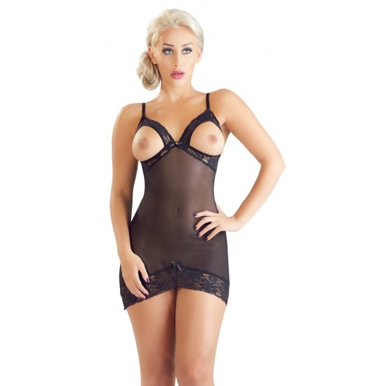 Tight-fitting mini dress made out of powernet. With a small pendant in the cleavage area. With lace around the otherwise naked breasts and on the hem. With adjustable straps. Black. 90% polyamide, 10% elastane.