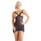 Tight-fitting mini dress made out of powernet. With a small pendant in the cleavage area. With lace around the otherwise naked breasts and on the hem. With adjustable straps. Black. 90% polyamide, 10% elastane.