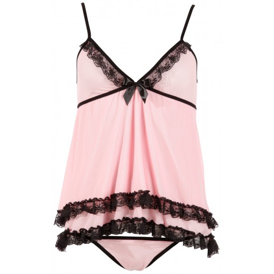 Babydoll curto, com dupla-camada cor de rosa, adornada com renda preta. Material: 94% de poliamida, 6% de poliéster  