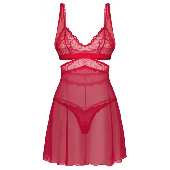 Conjunto babydoll evasê e fio dentalSensual vermelho transparenteLook rendado delicadoDetalhes decorativos douradosAlças ajustáveisMacio e elástico para um ajuste muito confortável Material vermelho sensual para fantasia