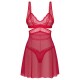 Conjunto babydoll evasê e fio dentalSensual vermelho transparenteLook rendado delicadoDetalhes decorativos douradosAlças ajustáveisMacio e elástico para um ajuste muito confortável Material vermelho sensual para fantasia