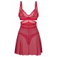 Conjunto babydoll evasê e fio dentalSensual vermelho transparenteLook rendado delicadoDetalhes decorativos douradosAlças ajustáveisMacio e elástico para um ajuste muito confortável Material vermelho sensual para fantasia