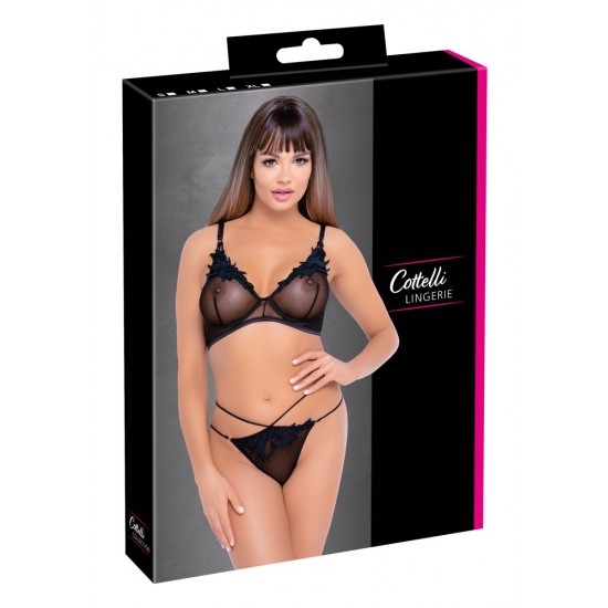 Conjunto sedutor perfeitamente coordenado! Sutiã e riostring da Cottelli LINGERIE confeccionados em powernet elástico com preciosos bordados nas copas e na frente do cordão, além de detalhes em argolas douradas. Sutiã