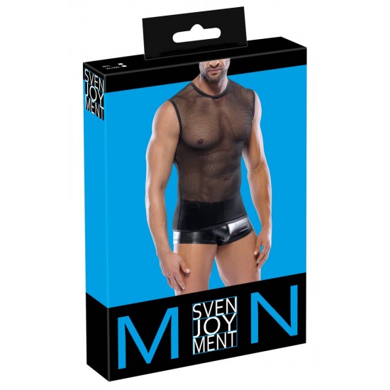 Stretchy black shirt made out of coarse net. Sleeveless. The shirt has seams. 100% polyamide.