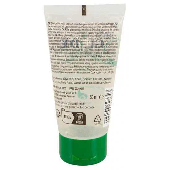 Lubrificante organico Just Glide Bio 50 ml Natureza pura! Lubrificante orgânico natural à base de água em um tubo ecologicamente correto e “PE Verde” feito de cana-de-açúcar de recurso renovável que liga o CO2 durante o crescimento de forma ambientalmente correta