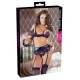Conjunto sensual de soutien, tanga e cinto de ligas, em material com elasticidade e aspecto molhado (wetlook). Com pormenores elegantes de renda roxa e com copas removíveis. Tanga aberta na virilha e com as alças ajustáv
