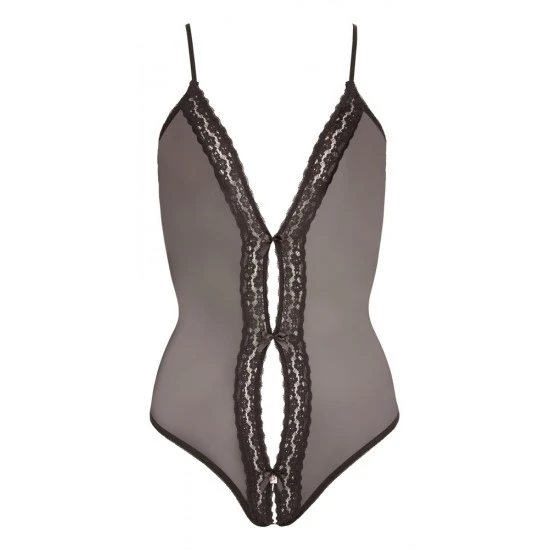 Crotchless powernet body with a slit that goes all the way down the body. There is also lace all the way down the body as well and small bows hold the slit together. With a decorative pendent above the crotch. With adjus