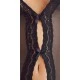 Crotchless powernet body with a slit that goes all the way down the body. There is also lace all the way down the body as well and small bows hold the slit together. With a decorative pendent above the crotch. With adjus