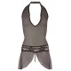 Halterneck mini dress made out of powernet. With a strip of lace just under the waist. There is also a stretchy string over the crotch and a decorative pendant above the crotch. Black. 90% polyamide, 10% elastane.