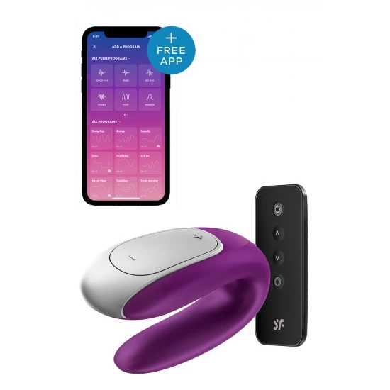 Satisfyer Double Fun Violeta Double Fun estimula fortemente ambos os parceiros durante o sexo. O formato em U é ajustado tanto por dentro quanto por fora - garantindo uma sensação sedutora para o clitóris, ponto G e pênis. Habilitado para apli